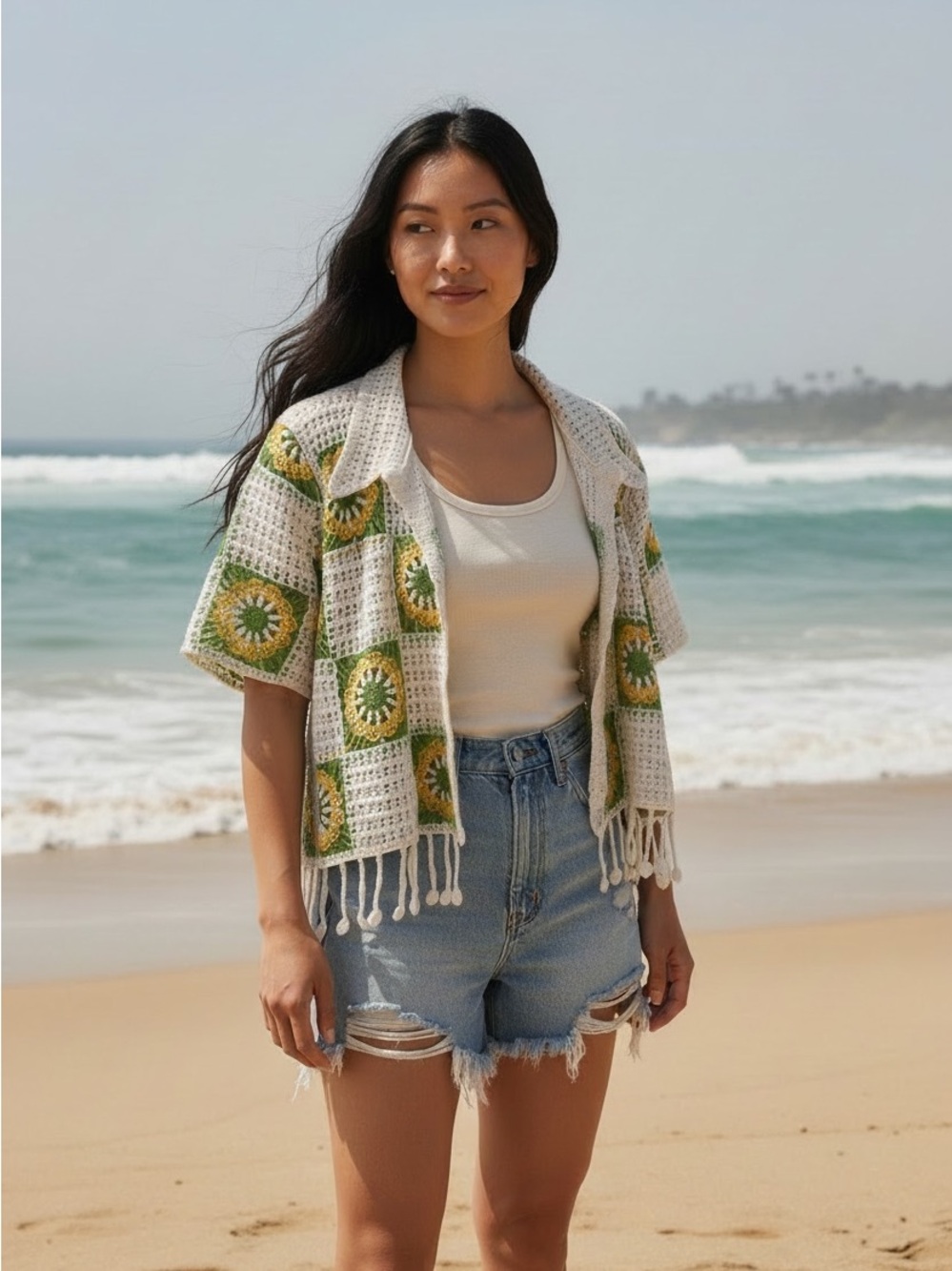 G & D Crochet Openwork Cardigan in Cream with Green & Yellow Accents